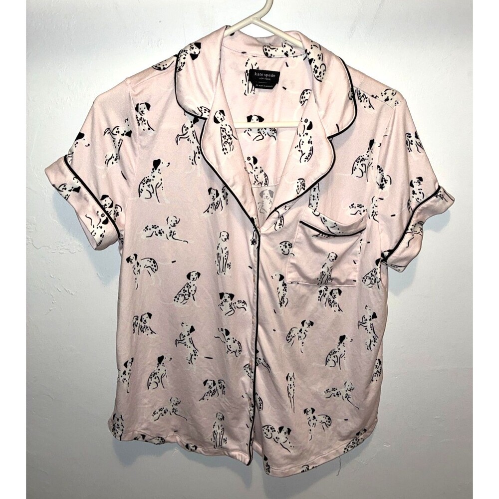 Kate Spade Women's sz M Pink Dalmatian Dog Short Sleeve Knit Pajama Top